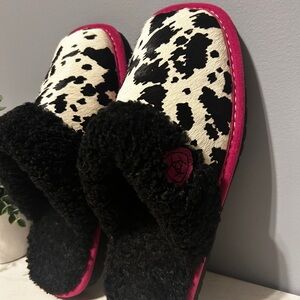 Ariat Black, White and Pink Cow Print Slippers